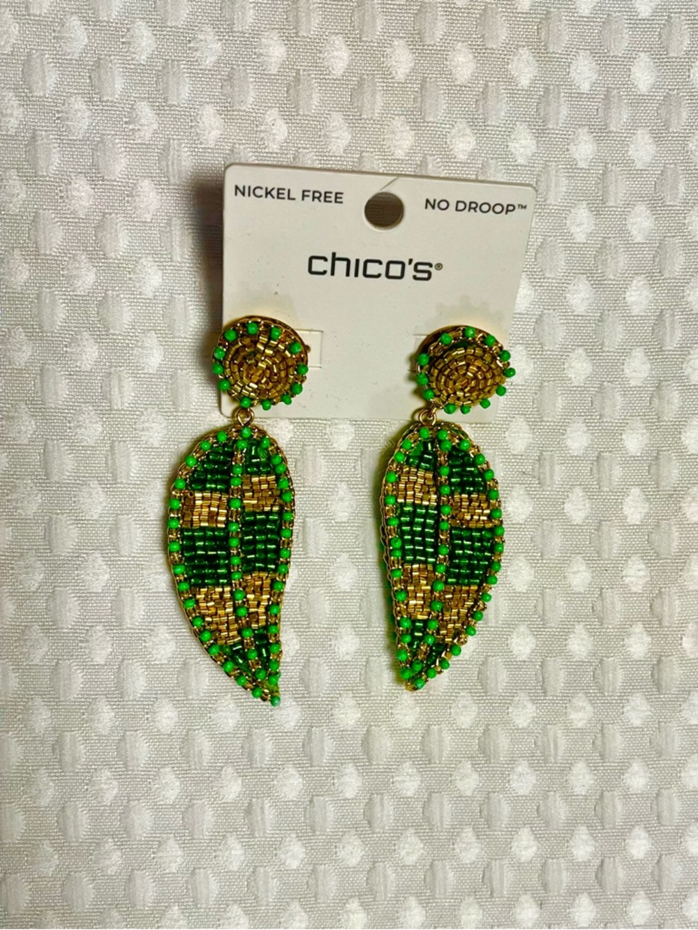 Chico's Green and Gold Beaded Leaf Dangle Earrings